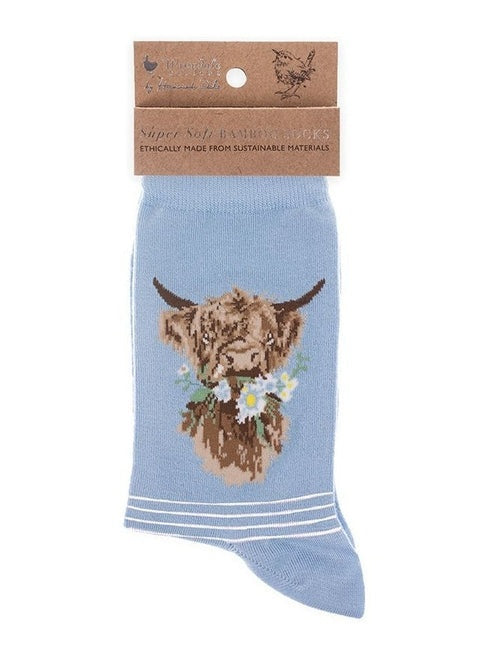 Women's Bamboo Socks - SOCK002 - Daisy Highland Cow - Blue