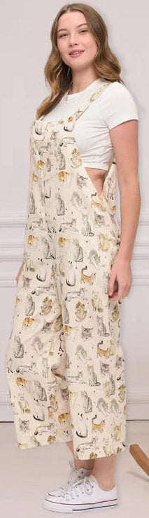 Sm-Overalls Wide Leg Cream Cat Print AW2638