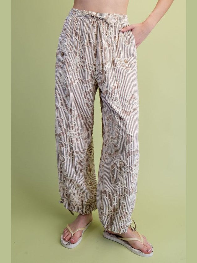 Easel- Pants Mocha /White Embroidered Floral Wide Leg 4 Pocket Sb60018m