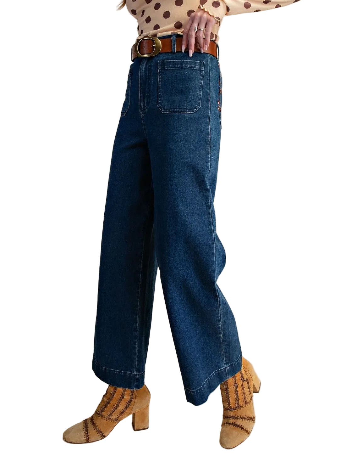 Pants Washed Stretched Denim 4 Pocket Embroidered Floral Sb600114