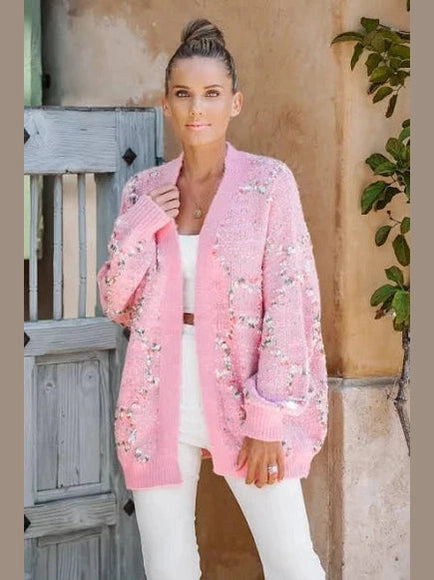 Cardigan Open Front Knit Pink Stardust Long Sleeve Women's C1500