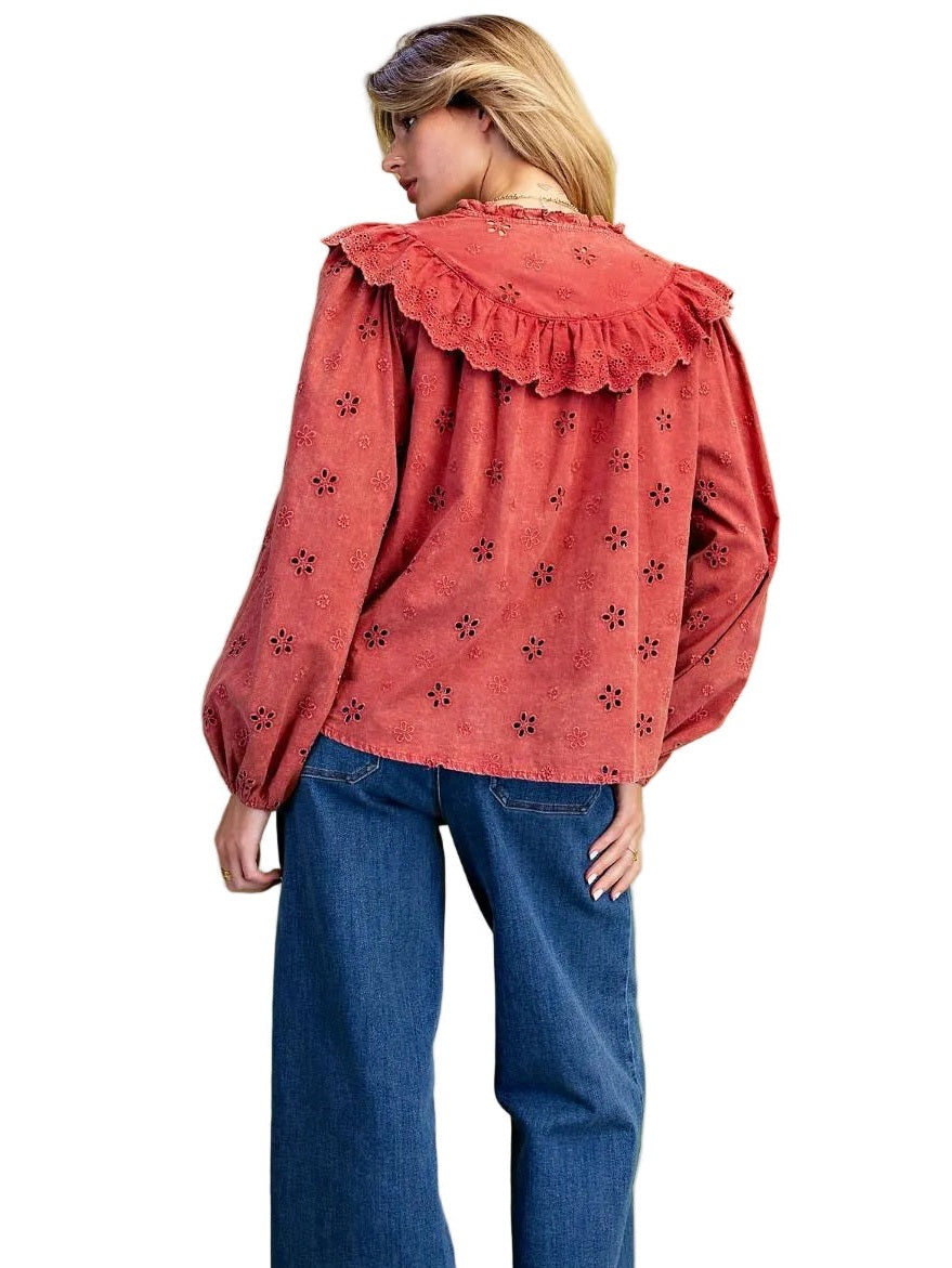 Top Pullover Boho Red 8 Button Front Long Sleeve Women's ST200048