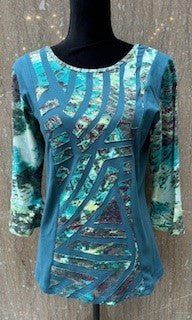 Top-Pullover-Multi Color Teal-3/4 Sleeve-Women's-22w209c7 