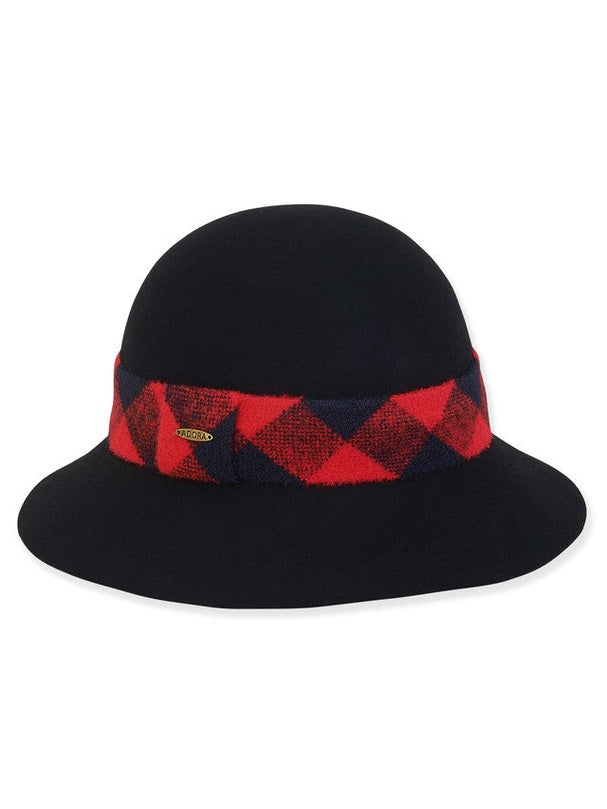 Hat Black/Red Plaid Trim Wool Felt Bucket 2.75" Brim Women's-AD1511B