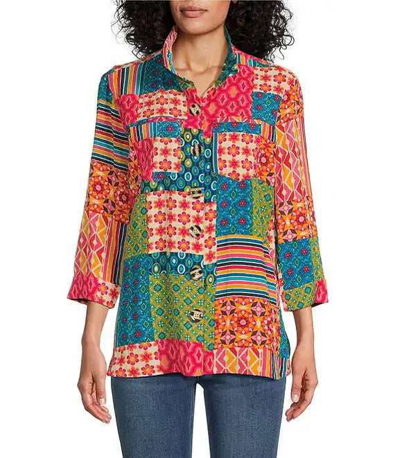 Women's Multi Colored 2 Front Pocket Button UpShirt-J54126BM 