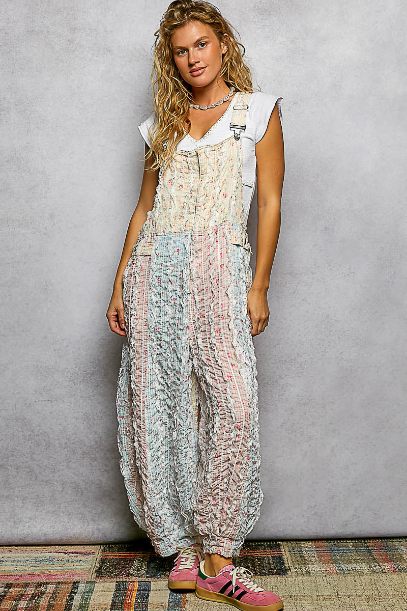 Overalls Pink/Blue Floral Frayed Lace Front Zipper Smp635c