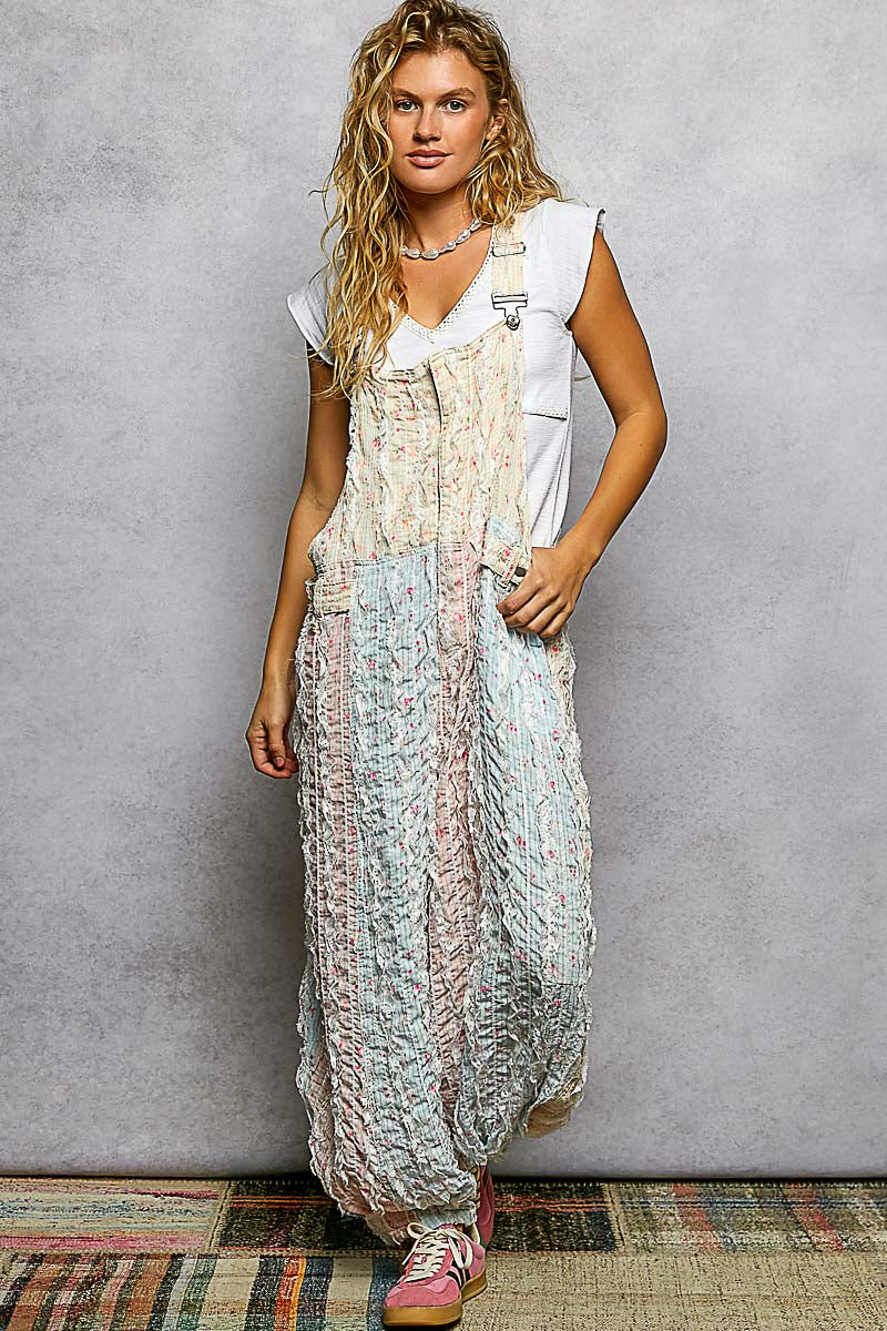Overalls Pink/Blue Floral Frayed Lace Front Zipper Smp635c