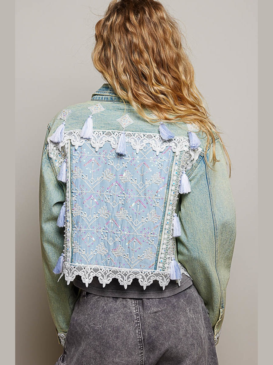 Jacket Denim 2 Pocket&nbsp; Wristlet Straps w Laces / Tassles MQF26