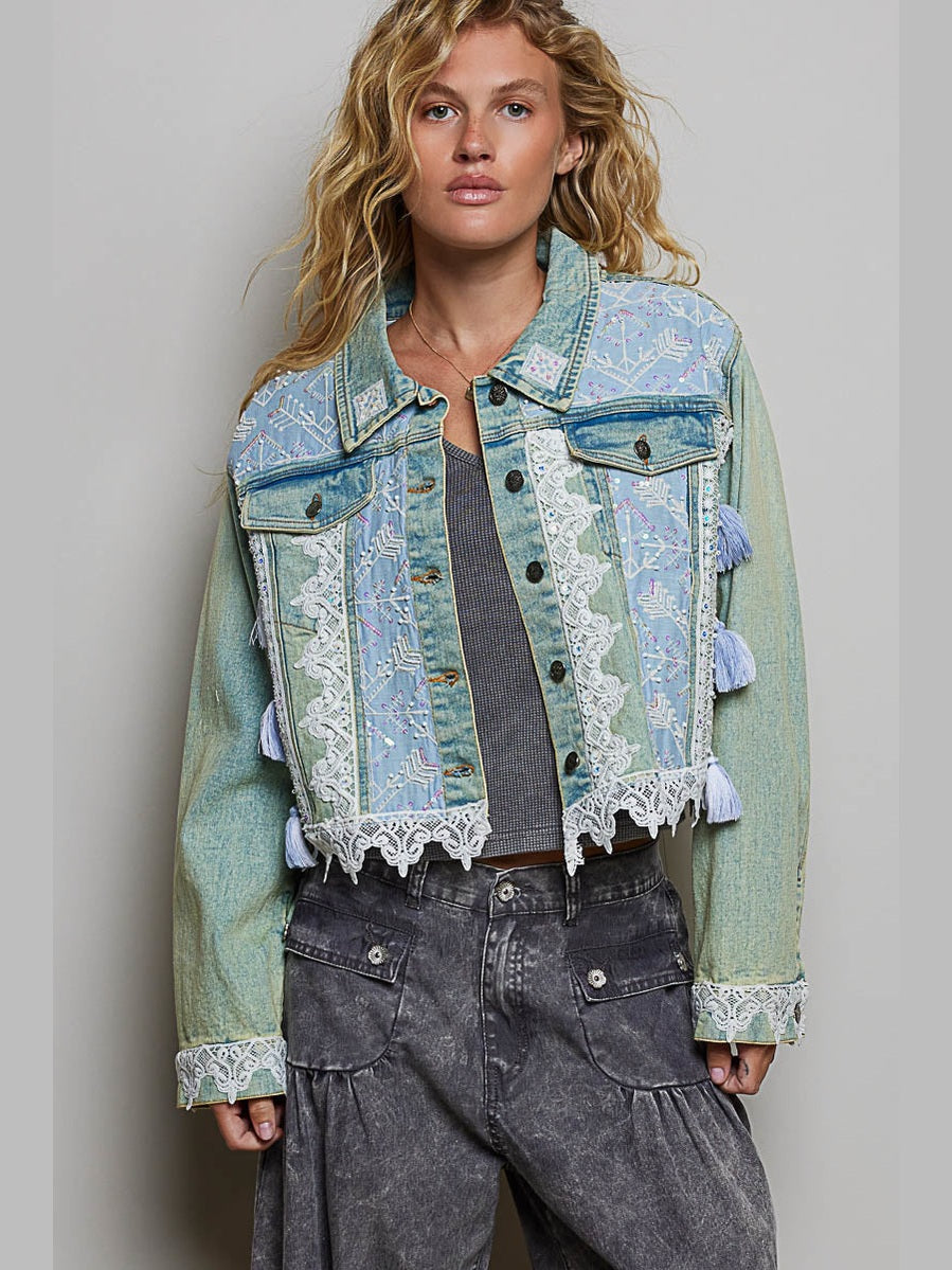 Jacket Denim 2 Pocket&nbsp; Wristlet Straps w Laces / Tassles MQF26