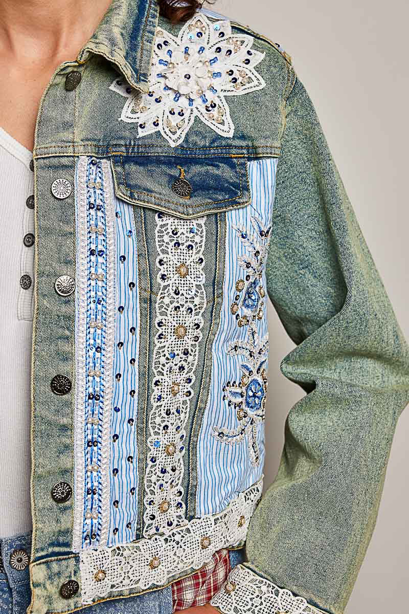 Pol- Jacket Vintage Denim Pearl &amp; Stud Floral&nbsp; 2 Pocket&nbsp; SMQF25