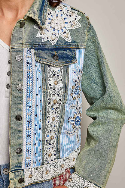 Pol- Jacket Vintage Denim Pearl &amp; Stud Floral&nbsp; 2 Pocket&nbsp; SMQF25