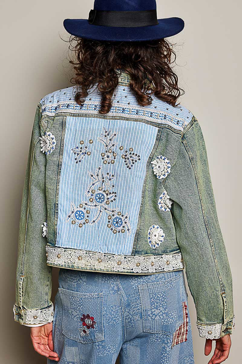 Pol- Jacket Vintage Denim Pearl &amp; Stud Floral&nbsp; 2 Pocket&nbsp; SMQF25