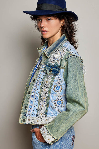 Pol- Jacket Vintage Denim Pearl &amp; Stud Floral&nbsp; 2 Pocket&nbsp; SMQF25