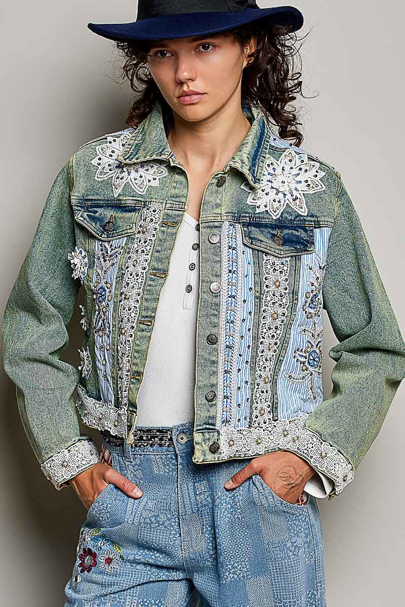 Pol- Jacket Vintage Denim Pearl &amp; Stud Floral&nbsp; 2 Pocket&nbsp; SMQF25