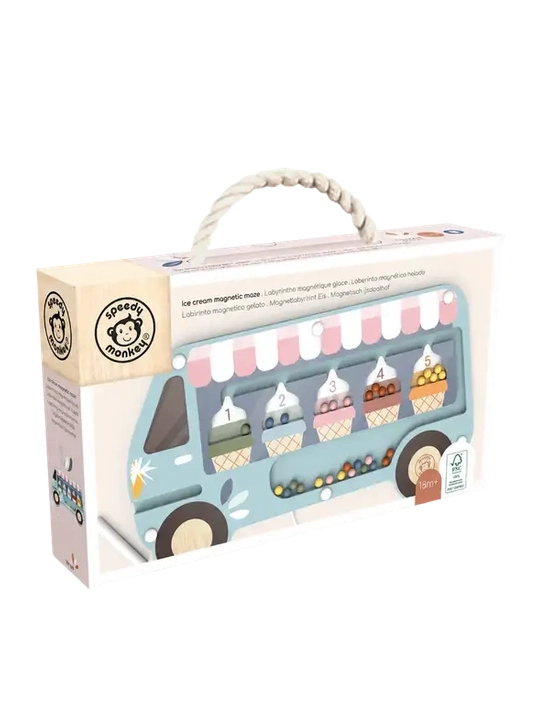 A boxed children's toy called 'ice cream magnet train' by Sleepy Monkey, shown in its retail packaging on a white background. The box features a pastel illustration of a light blue ice cream truck with pink-and-white awnings and colorful ice cream cones.