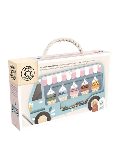 A boxed children's toy called 'ice cream magnet train' by Sleepy Monkey, shown in its retail packaging on a white background. The box features a pastel illustration of a light blue ice cream truck with pink-and-white awnings and colorful ice cream cones.