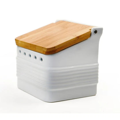 Garlic Keeper White Stoneware/Bamboo Lid 4.5" GAR-KEP
