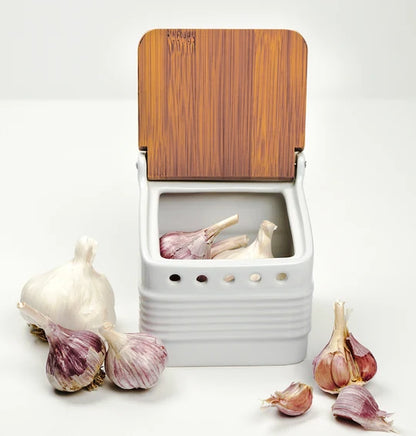 Garlic Keeper White Stoneware/Bamboo Lid 4.5" GAR-KEP