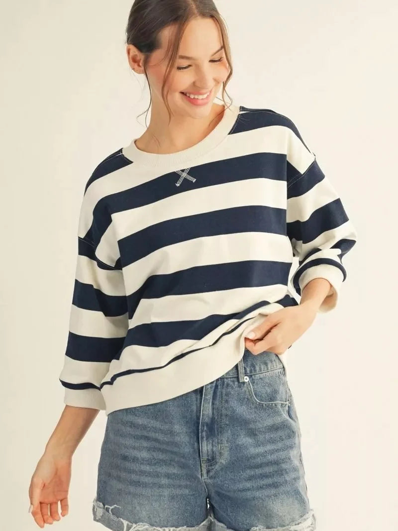 Top Pullover Navy/White Striped 3/4 Sleeve B13511n