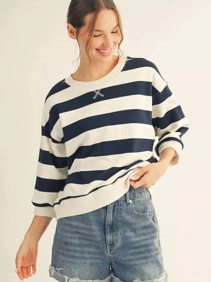Top Pullover Navy/White Striped 3/4 Sleeve B13511n