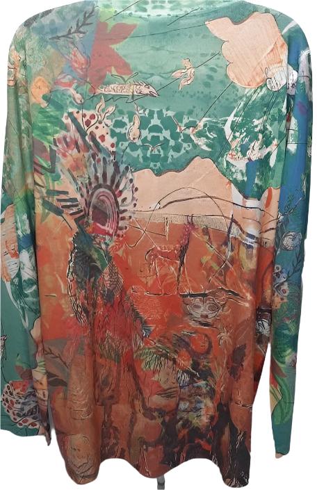 Shirt  Pullover Green /Orange Abstract  Long Sleeve Women's-T979tH 