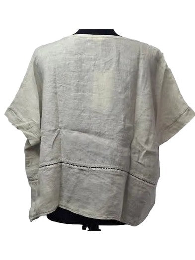 Top  Beige V Neck Linen Open Stitch Detail Women's 155099