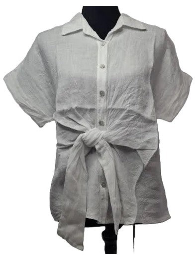 Shirt White Linen Button Front Bow Tie Short Sleeve Women's155113