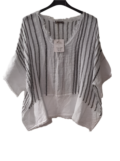 Top Pullover White/Black Stripes Linen Women's One Size 126862