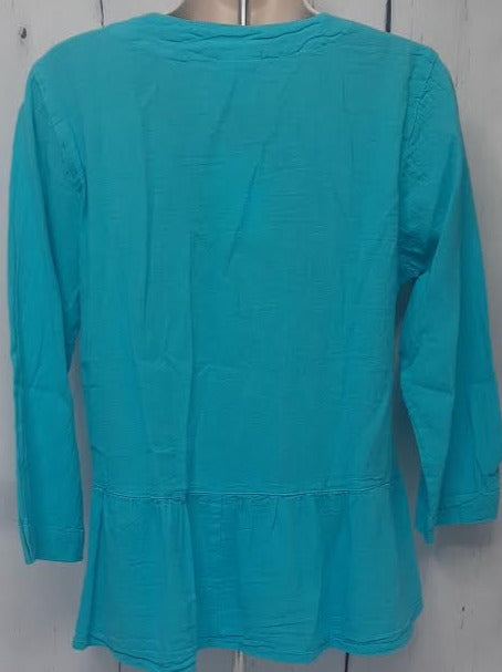 Top-Button Front Long Sleeve-Turquoise-Women's-S-1677 