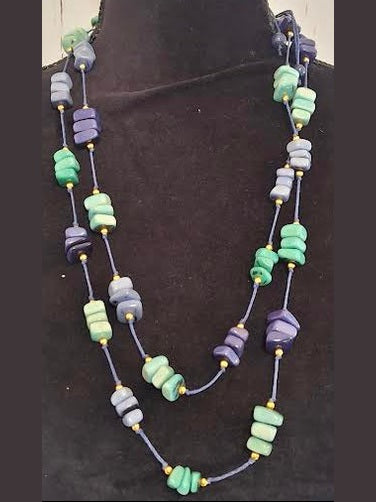 Necklace  Christhine Blue/Green Blocks  2 Layer Lc259-AZ-Combo