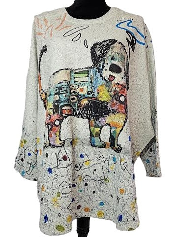 Top Pullover Lu Lu Dog Print Drop Shoulder One Size Women'sT812Nb