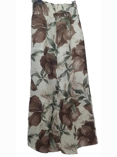 Pants Cream/Brown Camellia Print Smocked Waist Wide Leg Women's 255014H