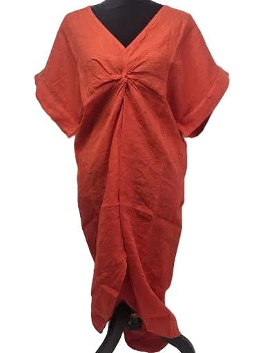 Dress Red Linen Midi Twist Front 80855