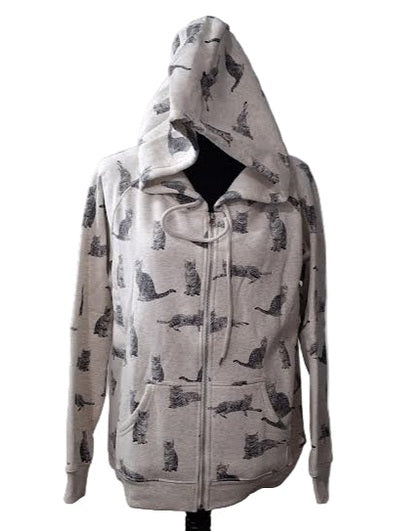 Jacket With Hood 2 Pocket Zipper Front Grey Cats  Women's HO57