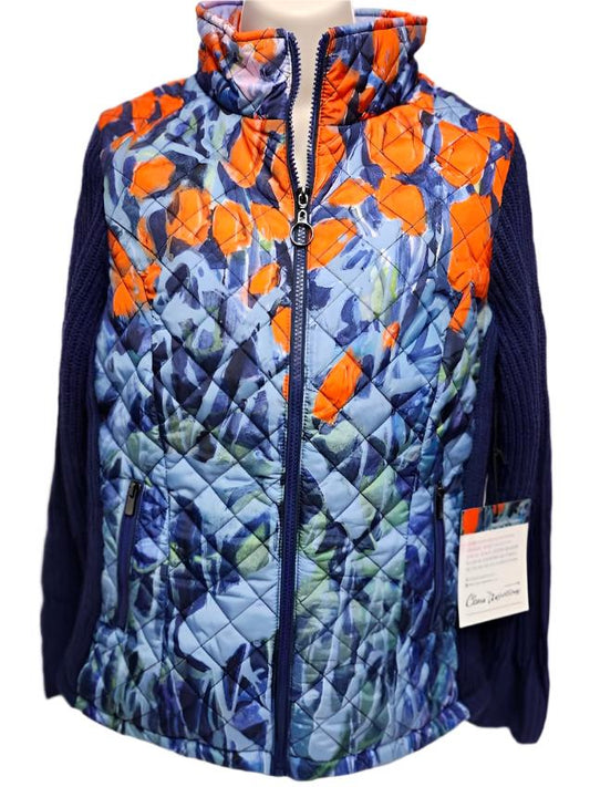 Jacket Quilted Zipper Front Knit Sleeve Blue / Orange Women's 91763 