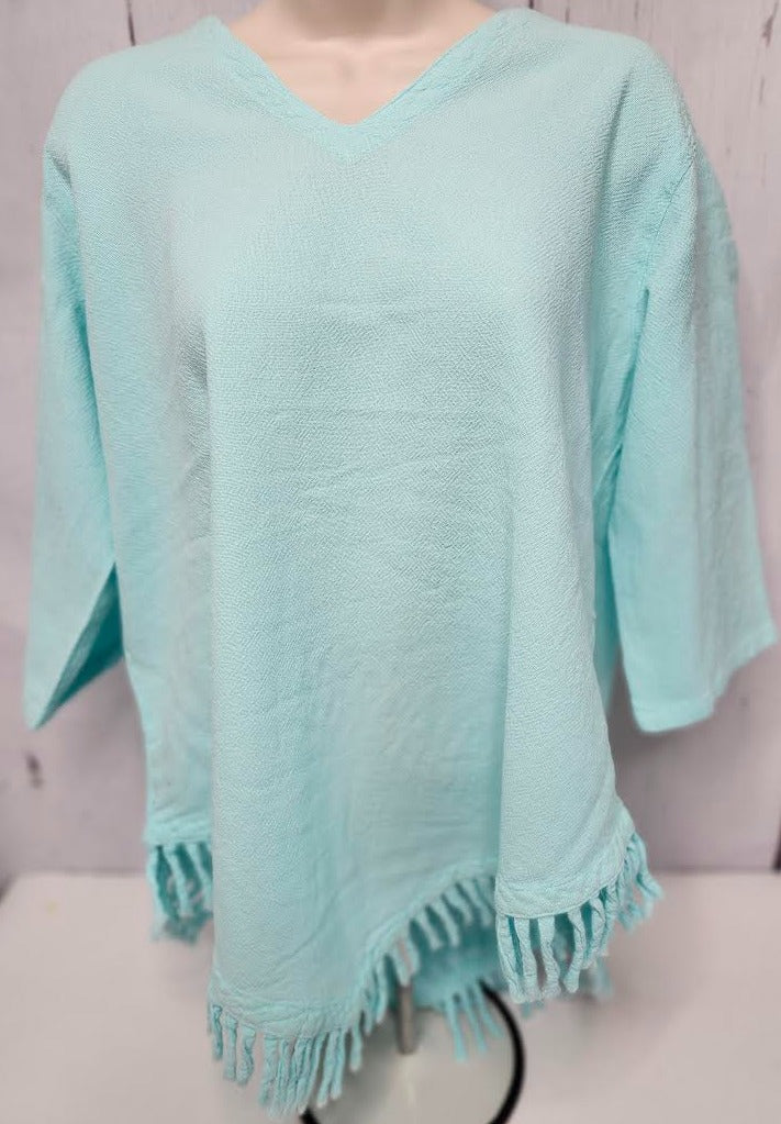 Shirt Pale Green 1/2 Sleeve V Neck Fringe Womens 449 