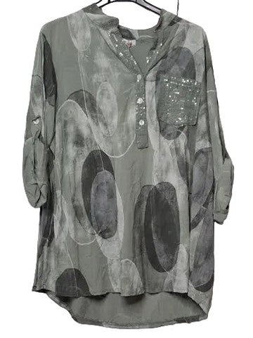 Top Pullover Dusty Green 3 Button Front 1 Pocket 1/2 Sleeve Women's One Size 4700D