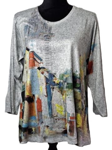 Shirt Pullover Grey Multi Abstract Colored Long Sleeve  Women's  H3140240
