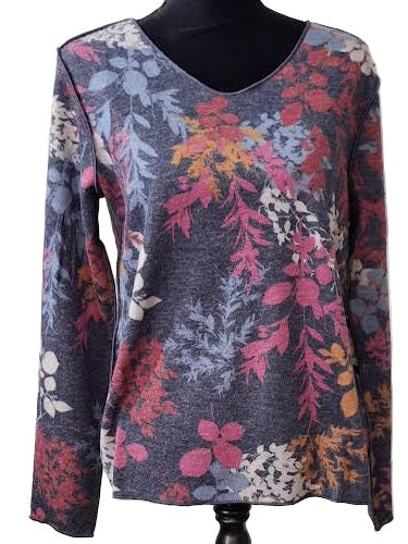 Shirt Reversible V-Neck Floral Charcoal Multi Colored Women's tt11920