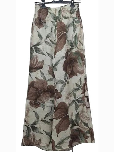 Pants Cream/Brown Camellia Print Smocked Waist Wide Leg Women's 255014H