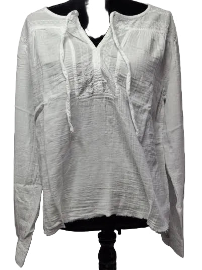 Mododoc-Top Pullover Flowy Draw String Embroidered Shirt White Cuffed Long Sleeve Women's 41G-A7103