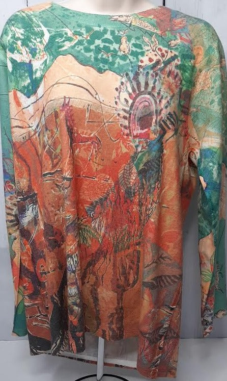 Shirt  Pullover Green /Orange Abstract  Long Sleeve Women's-T979tH 