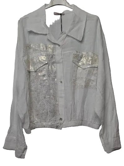 Jacket Linen 4Button Front White/Gold Glitter 2 Pocket Long Sleeve Women's One Size 463W