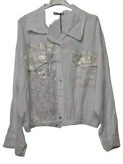 Jacket Linen 4Button Front White/Gold Glitter 2 Pocket Long Sleeve Women's One Size 463W