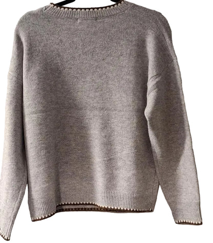 Sweater Grey Dog Long Sleeve Crew Neck Women's 56419