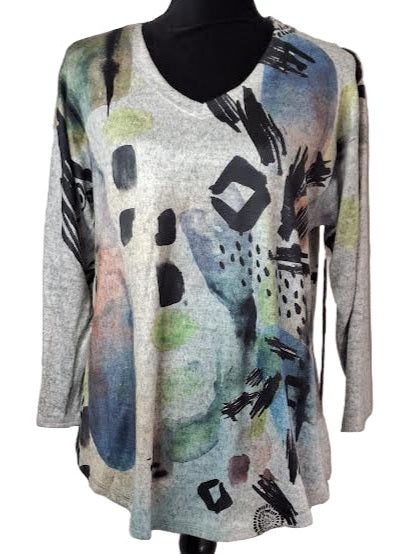 Shirt Pullover Grey Abstract Long Sleeve V Neck Women's  H3063325