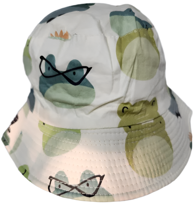 Bucket/Sun Hat With Chin Strap Wide Brim Children's 2-7yr White/Green Frog scbhwgf 