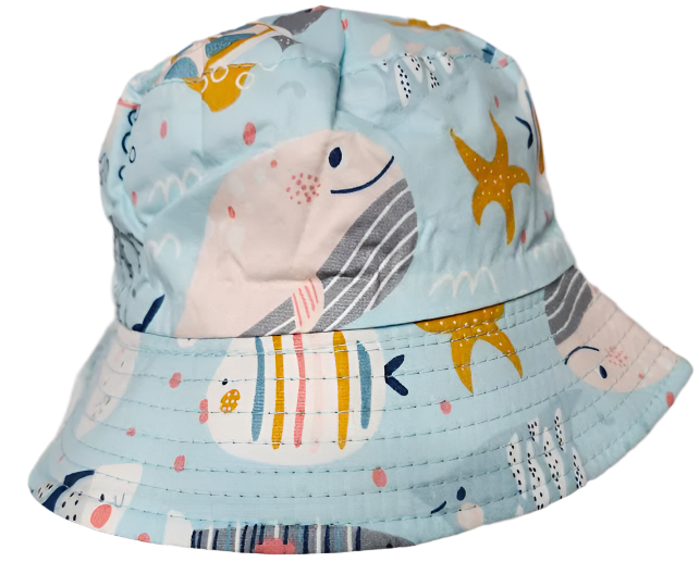 Bucket/Sun Hat With Chin Strap Wide Brim Children's 2-7yr Light Blue Sea Creatures scbhlbsc 