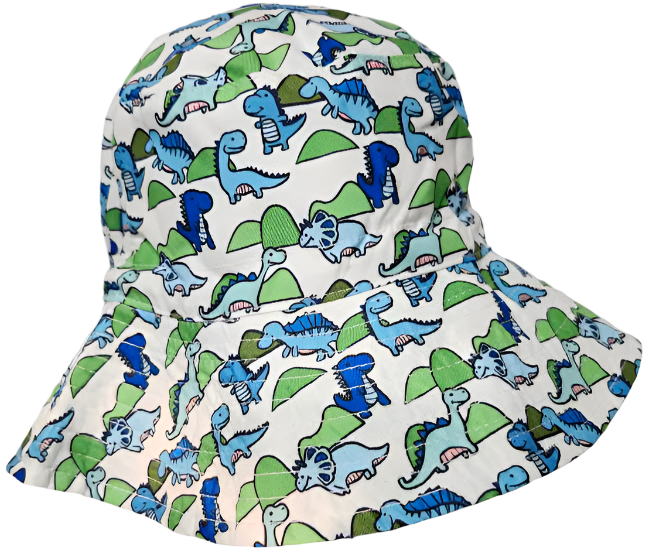 Bucket/Sun Hat With Chin Strap Wide Brim Children's 2-8yr White/Green/Blue Dinosaur scbhwgbd 