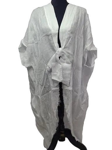 Kimono White Linen Fringe Hem Tie 2 Pockets 155153